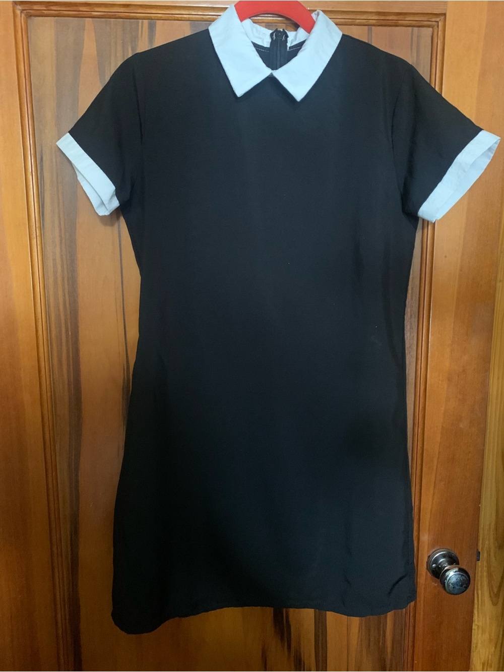 Classic Black Shift Dress with White Collar and Cuffs